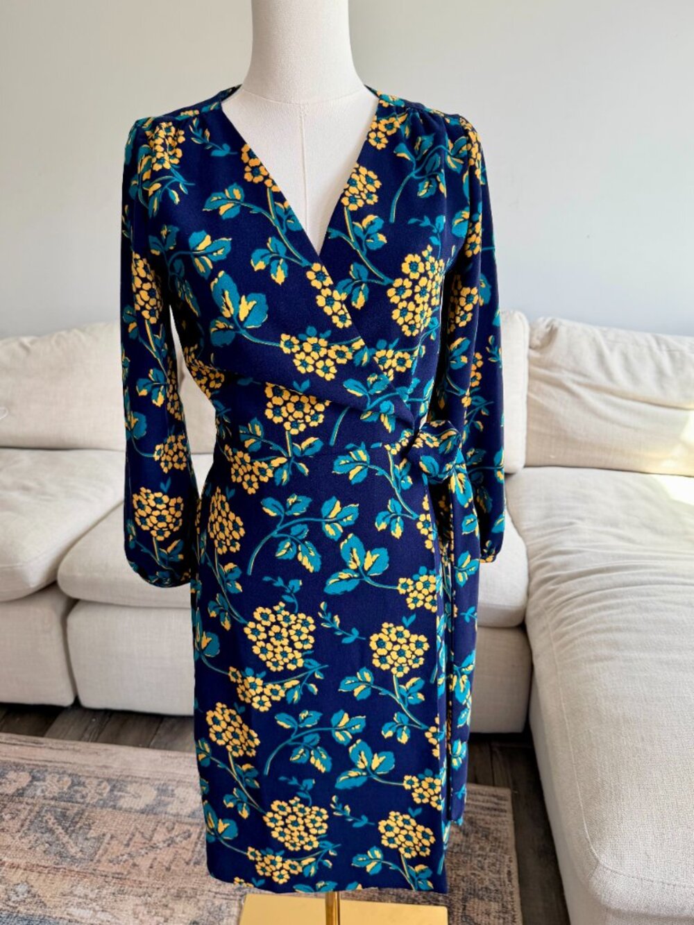 J.Crew Floral Wrap Dress Size 0 Navy Blue Yellow Long Sleeve Midi
